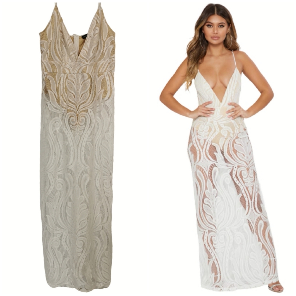 PrettyLittleThing White Lace Strappy Plunge Maxi Dress - Sz 8